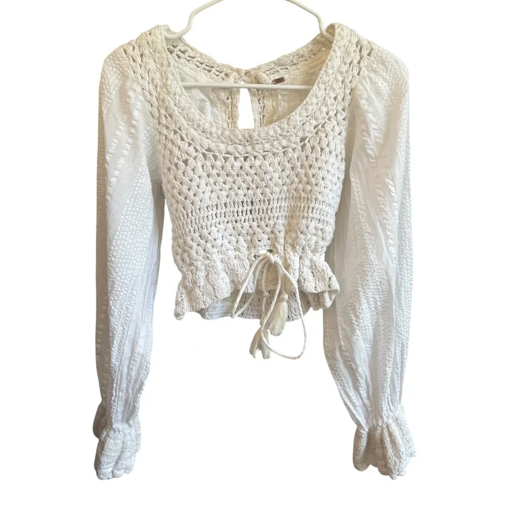 Free People Meghan Crochet Long Sleeve Boho Crop Top XS Cream‎ Ivory Festival